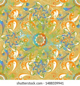 Kaleidoscope, medallion, yoga, india, arabic. Tribal, Boho, Bohemian style. Ornament neutral, orange and yellow colored card with mandala. Geometric circle vector element.