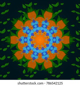 Kaleidoscope, medallion, yoga, india, arabic. Tribal, Boho, Bohemian style. Geometric circle vector element. Ornament blue colored card with mandala.