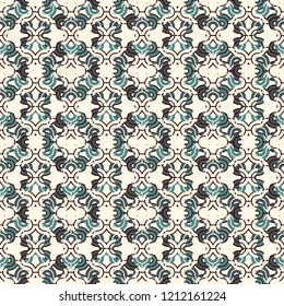 Kaleidoscope ornament. Stylized stained glass mosaic background. Ethnic and tribal wallpaper. Repeated abstract geometric figures. Ornamental seamless surface pattern. Digital paper, textile print
