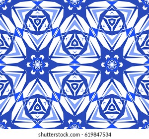 Kaleidoscope Pattern. Seamless blue background. Mandala geometric graphic print. Psychedelic design element for wallpaper, scrapbooking, fabric. Flower vector illustration