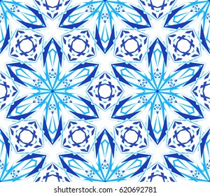 Kaleidoscope Pattern. Seamless blue background. Mandala geometric graphic print. Psychedelic design element for wallpaper, scrapbooking, fabric. Lotos flower vector illustration