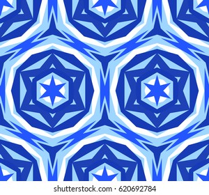 Kaleidoscope Pattern. Seamless blue background. Mandala geometric graphic print. Psychedelic star design element for wallpaper, scrapbooking, fabric. Flower vector illustration