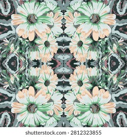 Kaleidoscope Realistic Vector Big scale batik, aztec, geometric watercolor art backgrounded, stylish, fashionable, abstract branches, symmetrical seamless pattern.