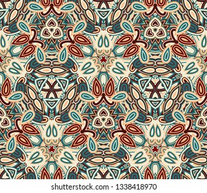Kaleidoscope seamless pattern, background. Abstract shapes. Useful as design element for texture and artistic compositions.