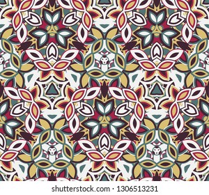 Kaleidoscope seamless pattern, background. Colorful abstract shapes. Useful as design element for texture and artistic compositions.