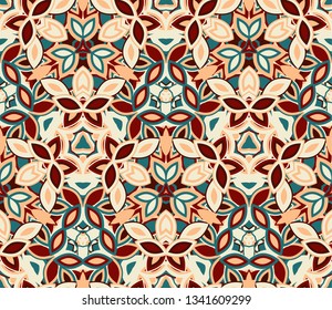 Kaleidoscope seamless pattern, background. Colorful abstract shapes. Useful as design element for texture and artistic compositions.