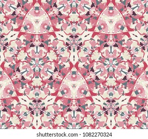 Kaleidoscope seamless pattern, background. Composed of colored abstract shapes. Useful as design element for texture and artistic compositions.