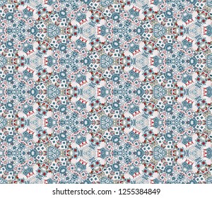 Kaleidoscope seamless pattern, background. Composed of multicolored geometric shapes. Useful as design element for texture and artistic compositions.