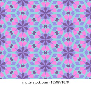 Kaleidoscope seamless pattern in Blue, Pink and Violet. Perfect for gift paper, textile, wallpaper, web page background