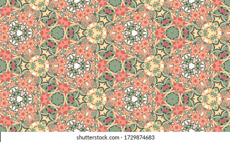 Kaleidoscope seamless pattern. Colored abstraction on white background. Useful as design element for texture and artistic compositions.