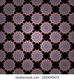 Kaleidoscope seamless pattern. Composed in beige, black and pink colors, abstract shapes, Mandalas. Useful as design element for texture and artistic compositions. Vector illustration.