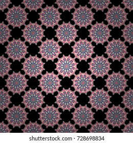 Kaleidoscope seamless pattern. Composed in beige, black and pink colors, abstract shapes, Mandalas. Useful as design element for texture and artistic compositions. Vector illustration.