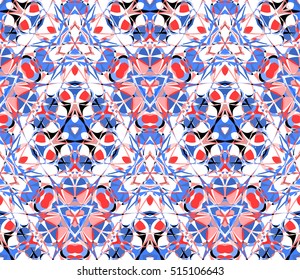 Kaleidoscope seamless pattern. Composed of bright color abstract shapes. Useful as design element for texture and artistic compositions.