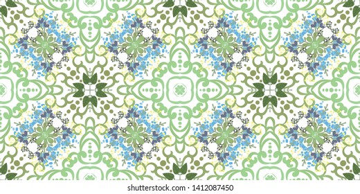 Kaleidoscope seamless pattern. Composed of color abstract shapes and floweras. Useful as design element for texture and artistic compositions. - Vector 