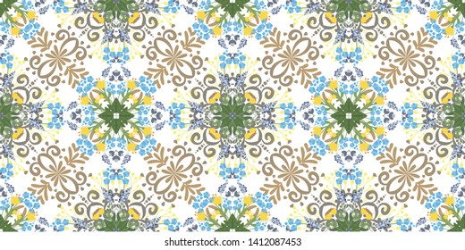 Kaleidoscope seamless pattern. Composed of color abstract shapes and floweras. Useful as design element for texture and artistic compositions. - Vector 