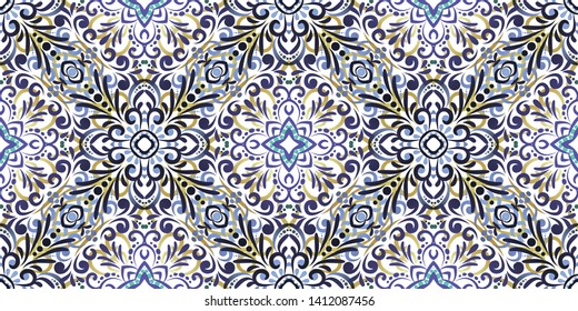 Kaleidoscope seamless pattern. Composed of color abstract shapes and floweras. Useful as design element for texture and artistic compositions. - Vector 
