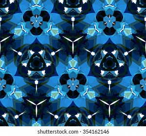 Kaleidoscope seamless pattern. Seamless pattern composed of color abstract elements located on white background. In blue. Useful as design element for texture, pattern and artistic compositions.