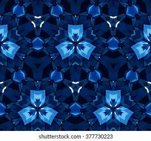 Kaleidoscope seamless pattern. Seamless pattern composed of color abstract elements located on white background. Useful as design element for texture, pattern and artistic compositions. In blue.