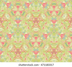 Kaleidoscope seamless pattern. Composed of color abstract elements. Useful as design element for texture and artistic compositions. Vector illustration.