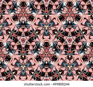 Kaleidoscope seamless pattern. Composed of color abstract shapes. Useful as design element for texture and artistic compositions.