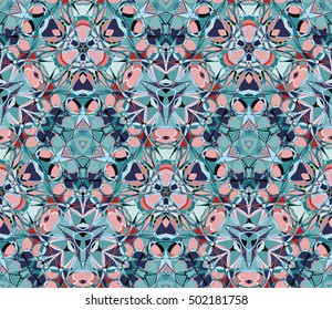 Kaleidoscope seamless pattern. Composed of color abstract shapes. Useful as design element for texture and artistic compositions.