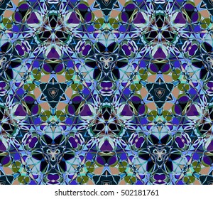 Kaleidoscope seamless pattern. Composed of color abstract shapes. Useful as design element for texture and artistic compositions.