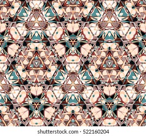 Kaleidoscope seamless pattern. Composed of color abstract shapes. Useful as design element for texture and artistic compositions.