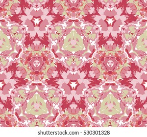 Kaleidoscope seamless pattern. Composed of color abstract shapes located on a white background. Useful as design element for texture and artistic compositions.