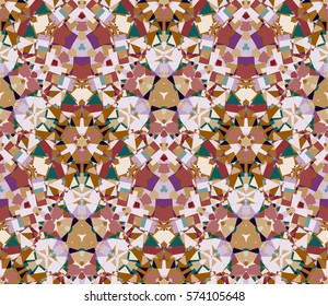 Kaleidoscope seamless pattern. Composed of color abstract shapes. Useful as design element for texture and artistic compositions.