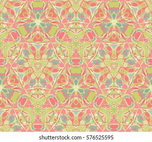 Kaleidoscope seamless pattern. Composed of color abstract shapes. Useful as design element for texture and artistic compositions.