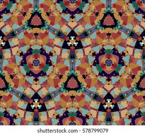 Kaleidoscope seamless pattern. Composed of color abstract shapes. Useful as design element for texture and artistic compositions.
