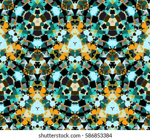 Kaleidoscope seamless pattern. Composed of color abstract shapes. Useful as design element for texture and artistic compositions.