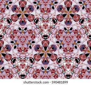 Kaleidoscope seamless pattern. Composed of color abstract shapes. Useful as design element for texture and artistic compositions.