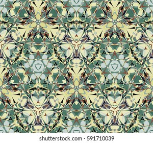 Kaleidoscope seamless pattern. Composed of color abstract shapes. Useful as design element for texture and artistic compositions.