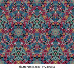 Kaleidoscope seamless pattern. Composed of color abstract shapes. Useful as design element for texture and artistic compositions.