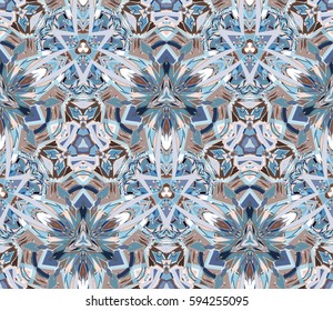 Kaleidoscope seamless pattern. Composed of color abstract shapes located on white background. Useful as design element for texture and artistic compositions.