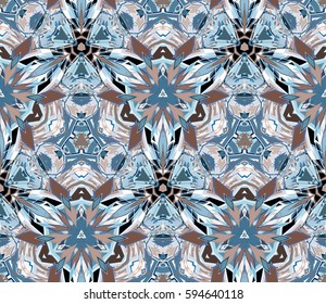 Kaleidoscope seamless pattern. Composed of color abstract shapes located on white background. Useful as design element for texture and artistic compositions.