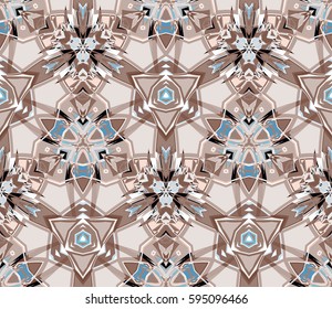 Kaleidoscope seamless pattern. Composed of color abstract shapes located on a white background. Useful as design element for texture and artistic compositions.