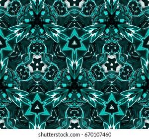 Kaleidoscope seamless pattern. Composed of color abstract shapes located on white background. Useful as design element for texture and artistic compositions.
