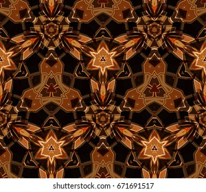 Kaleidoscope seamless pattern. Composed of color abstract shapes located on red background. Useful as design element for texture and artistic compositions.