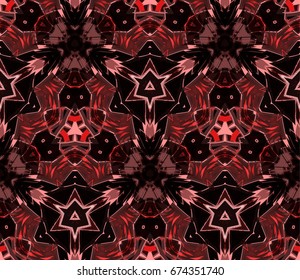 Kaleidoscope seamless pattern. Composed of color abstract shapes located on pink background. Useful as design element for texture and artistic compositions.