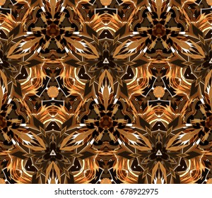 Kaleidoscope seamless pattern. Composed of color abstract shapes located on white background. Useful as design element for texture and artistic compositions.