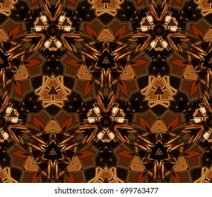Kaleidoscope seamless pattern. Composed of color abstract shapes located on dark red background. Useful as design element for texture and artistic compositions.