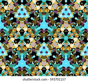 Kaleidoscope seamless pattern. Composed of multicolored abstract shapes. Useful as design element for texture and artistic compositions.