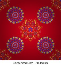 Kaleidoscope seamless pattern. Composed in red, yellow and violet colors, abstract shapes, Mandalas. Useful as design element for texture and artistic compositions. Vector illustration.