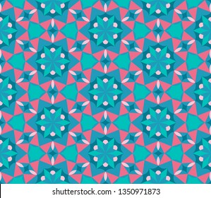 Kaleidoscope seamless pattern in Emerald, Green and Red. Perfect for gift paper, textile, wallpaper, web page background
