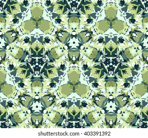 Kaleidoscope seamless pattern in green. Seamless pattern composed of color abstract elements located on white background. Useful as design element for texture, pattern and artistic compositions.