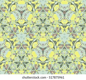 Kaleidoscope seamless pattern in green. Composed of abstract shapes. Useful as design element for texture and artistic compositions.