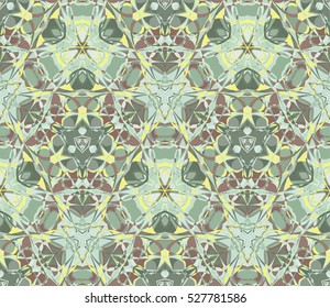 Kaleidoscope seamless pattern in green. Composed of color abstract shapes. Useful as design element for texture and artistic compositions.