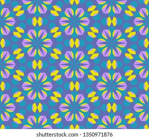 Kaleidoscope seamless pattern in Green, Yellow and Purple. Perfect for gift paper, textile, wallpaper, web page background